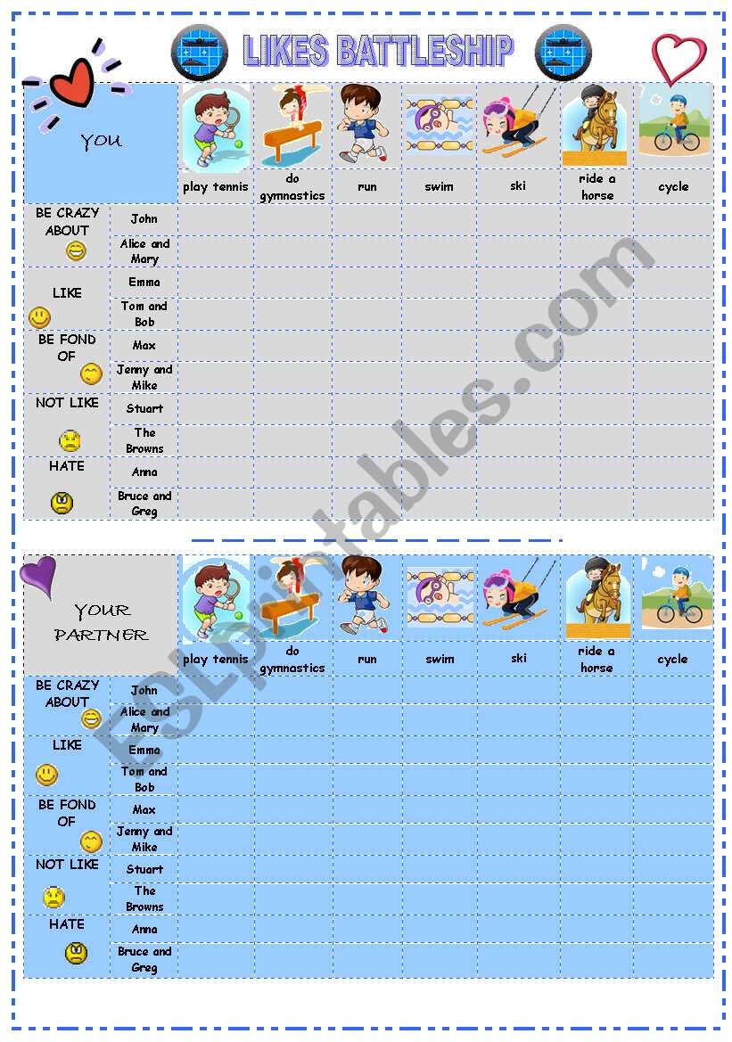 Likes Battleship worksheet