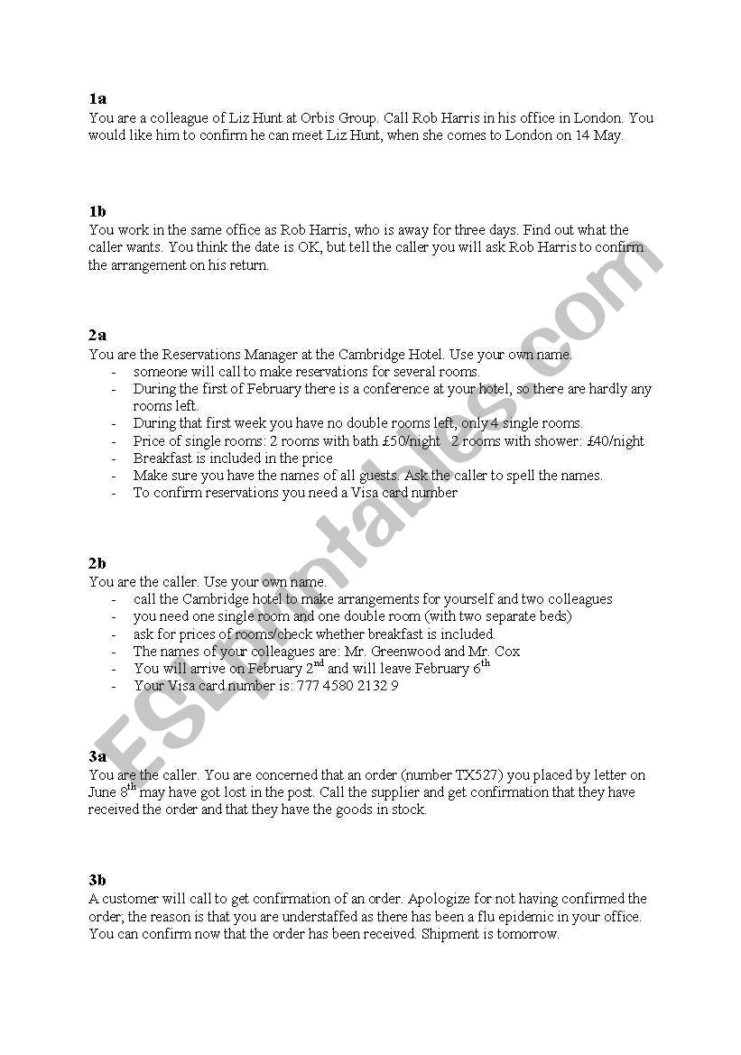 telephoning (business) worksheet