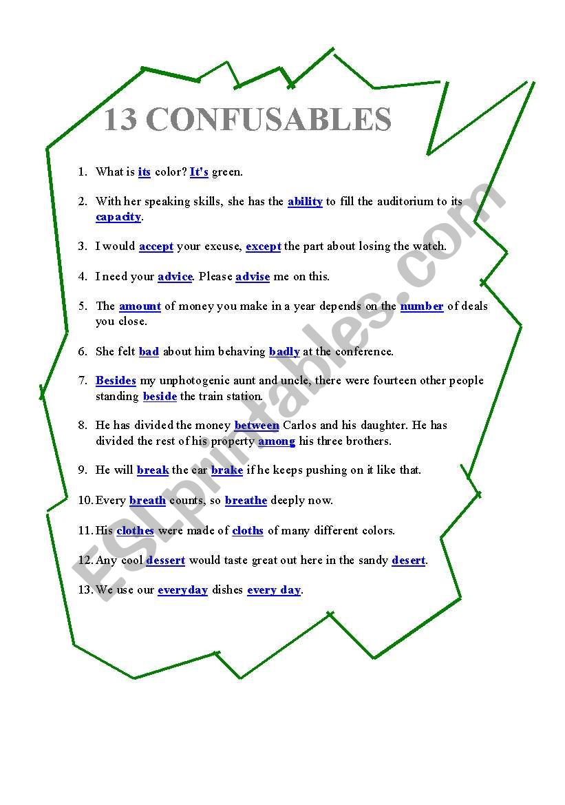 13 CONFUSABLES worksheet