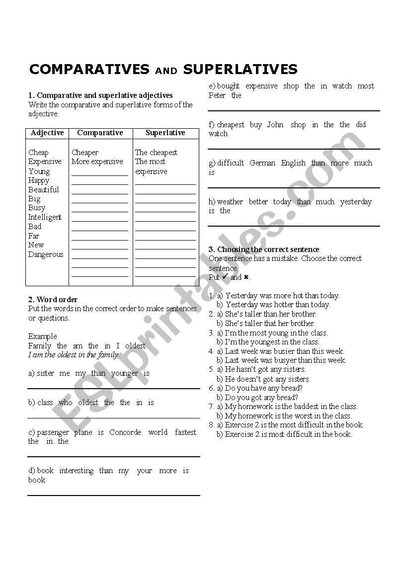 Comparatives and Superlatives - Worksheet