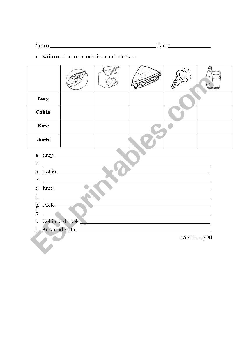 Likes and Dislikes worksheet