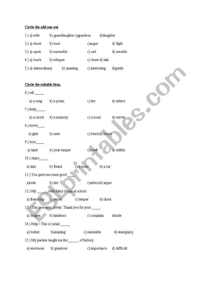 vocabulary and grammar test worksheet