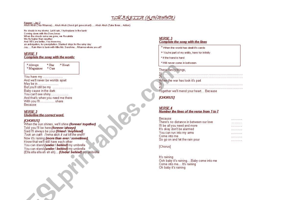 RIHANNA UMBRELLA worksheet