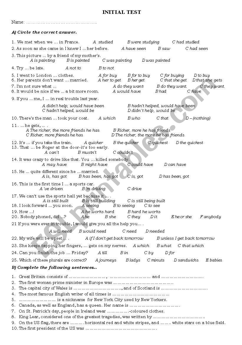 Initial Test for Advanced Learners of English