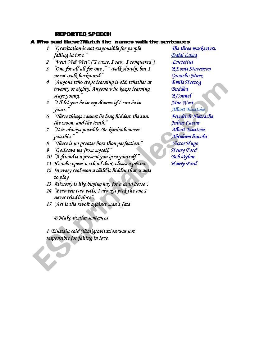 REPORTED SPEECH worksheet