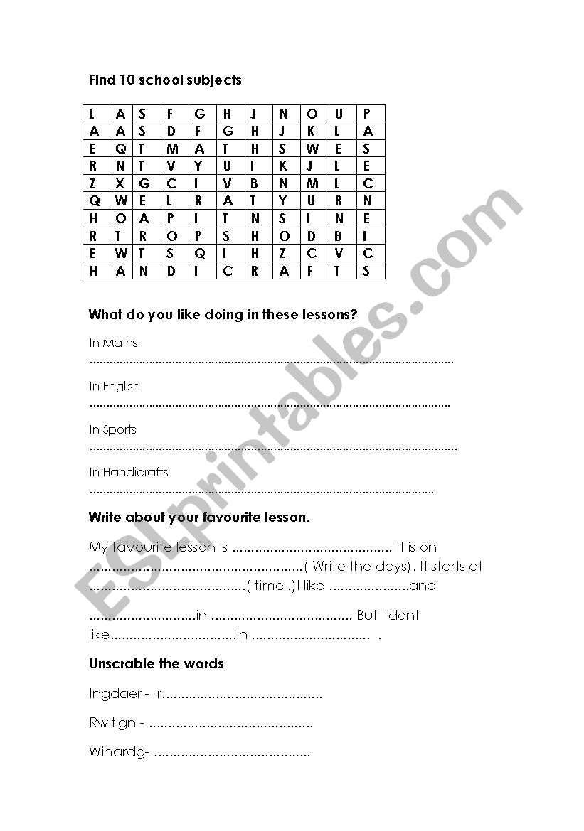 School subjects worksheet