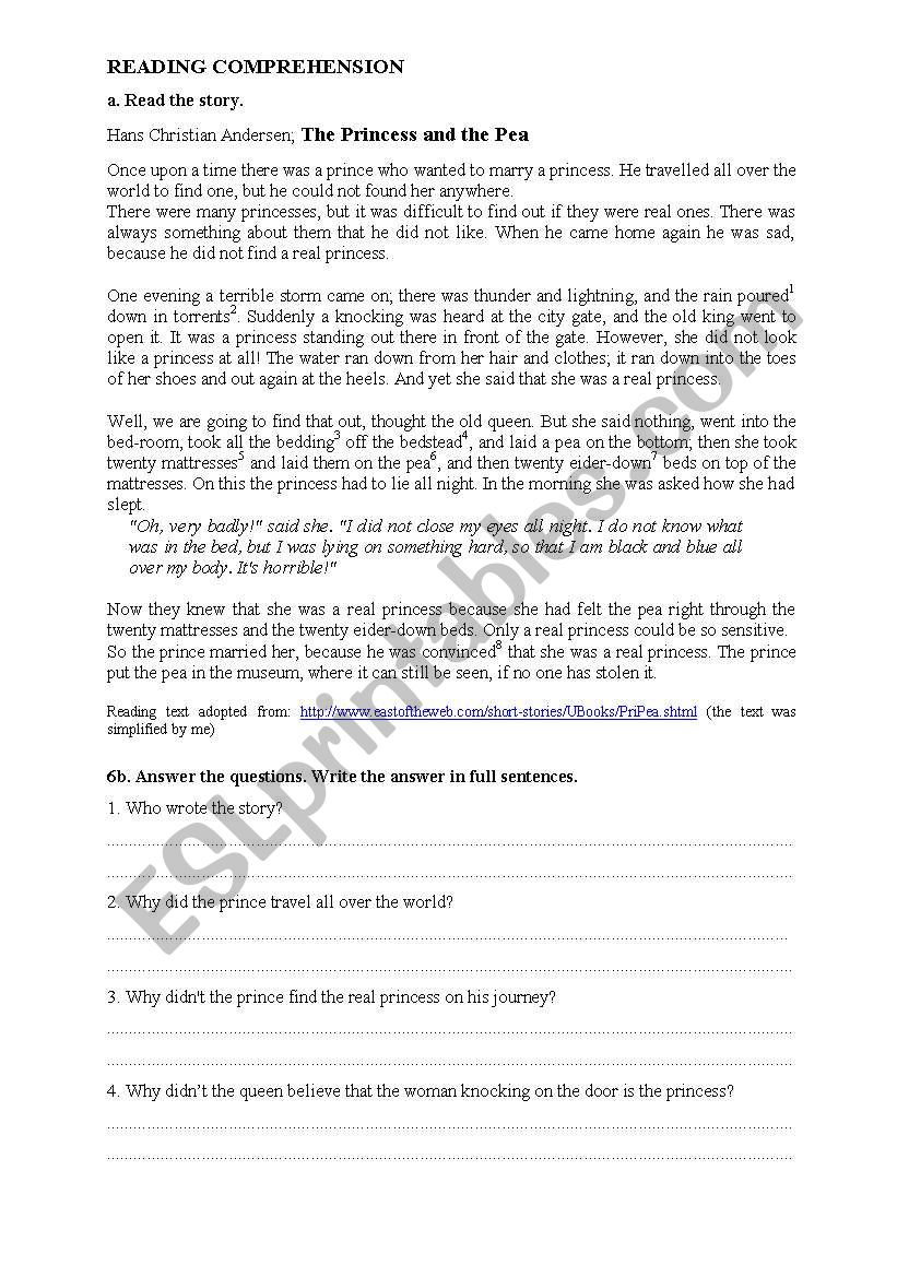 Princess and the Pea worksheet
