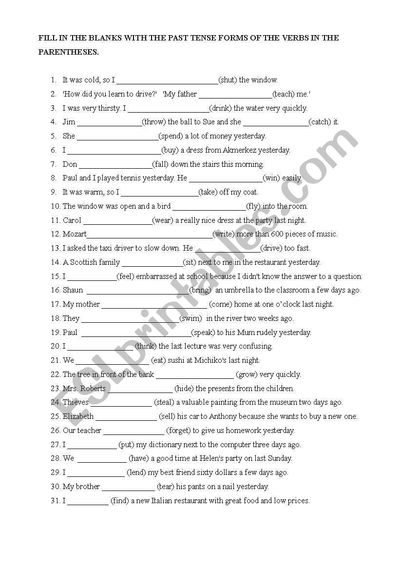 quiz on irregular verbs worksheet