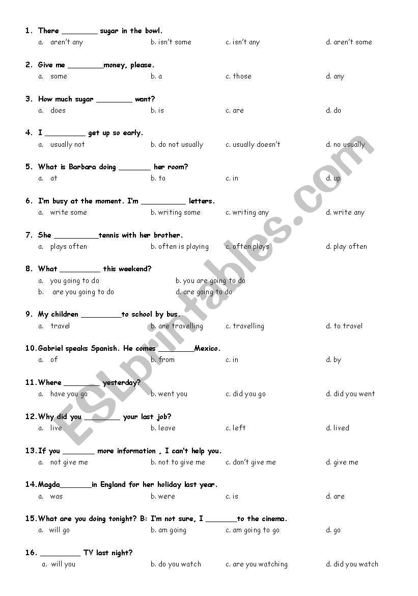 elementary test worksheet