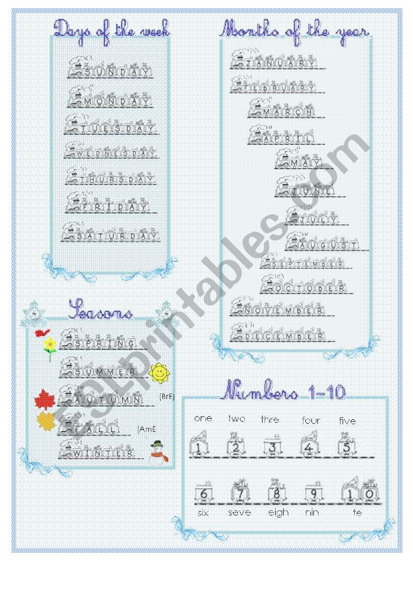 Days of the week, months, seasons and numbers