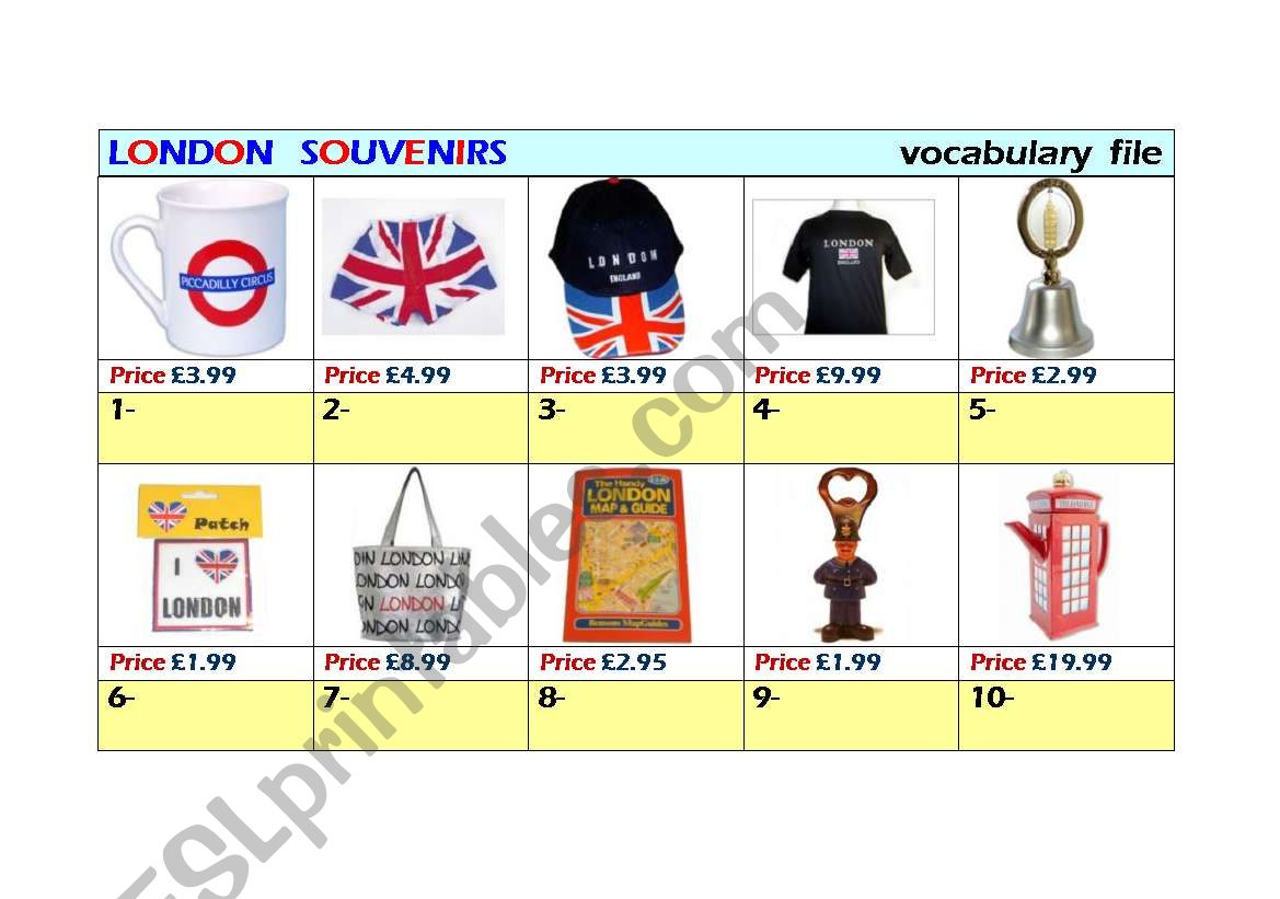 London souvenirs worksheet