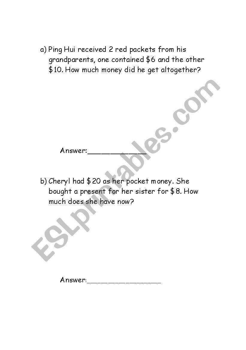 Singapore Money Word problems worksheet