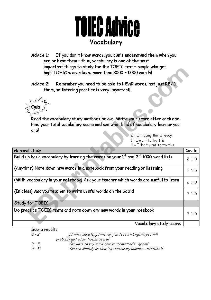 TOEIC advice - vocabulary worksheet