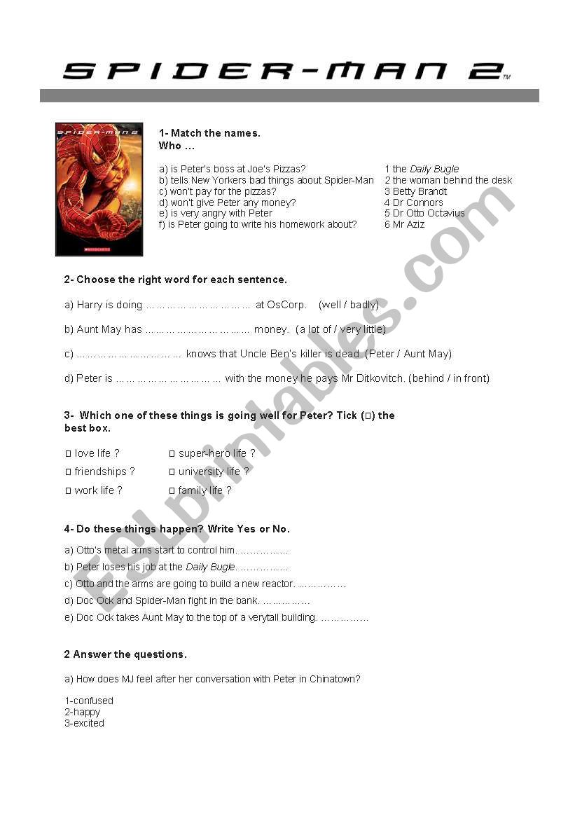 Spider Man 2 worksheet