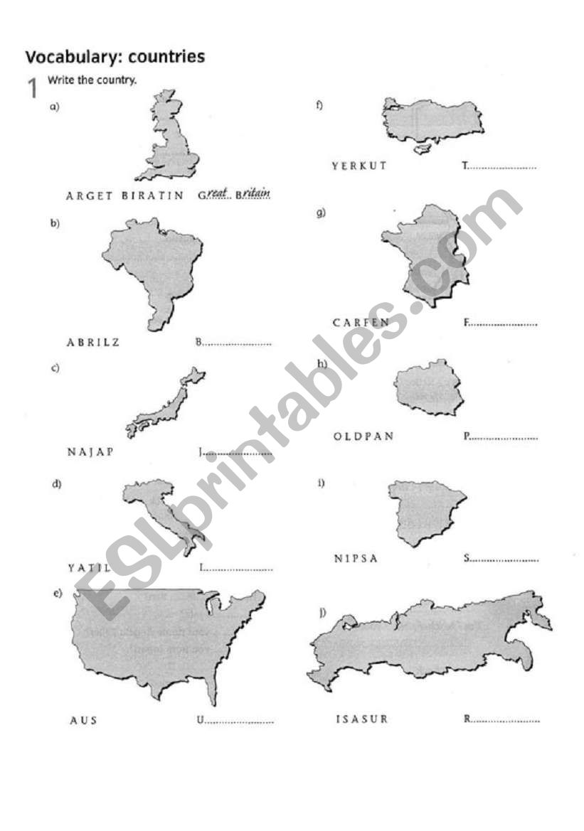 Countries worksheet