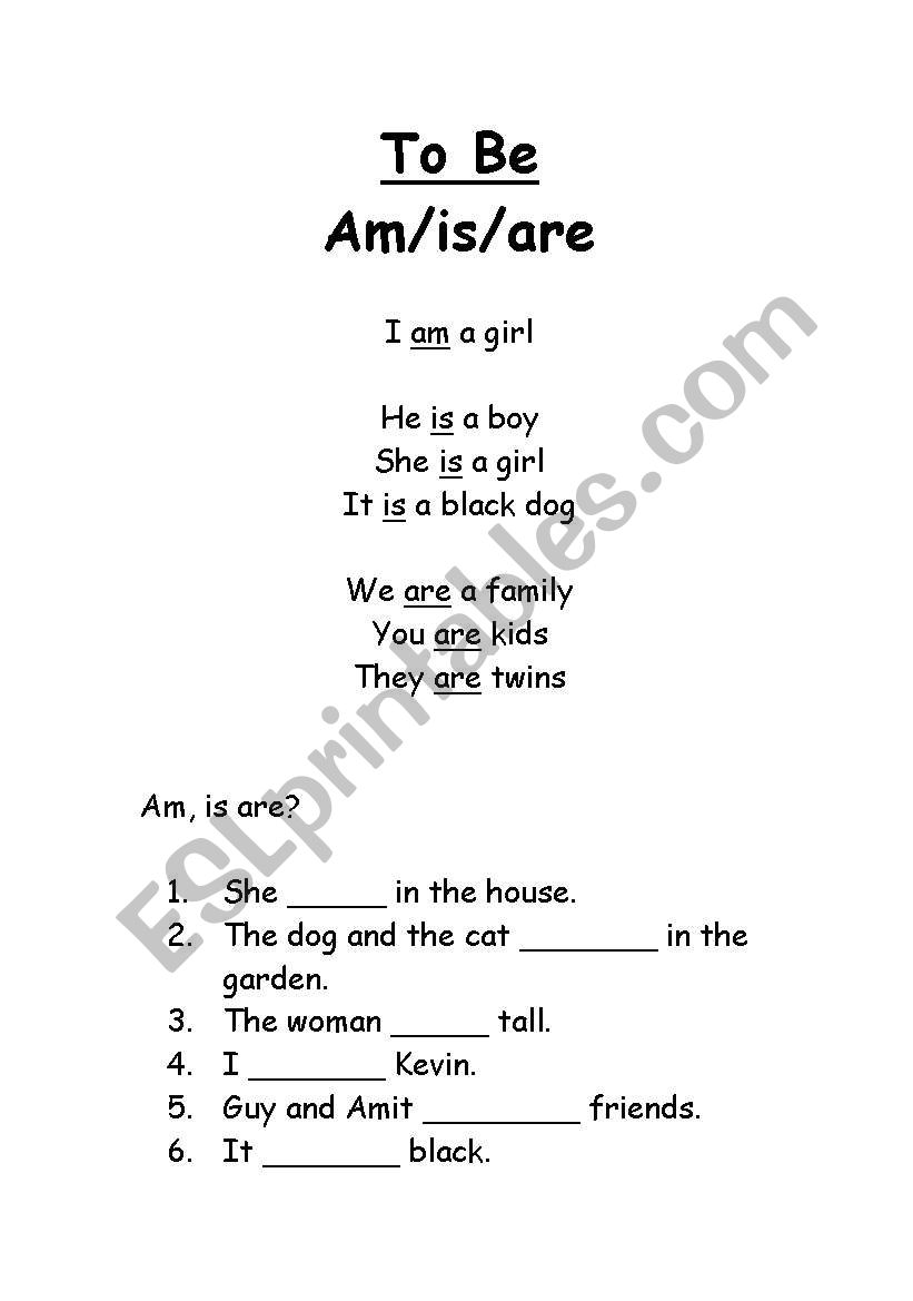 TO BE (am/is/are) worksheet worksheet