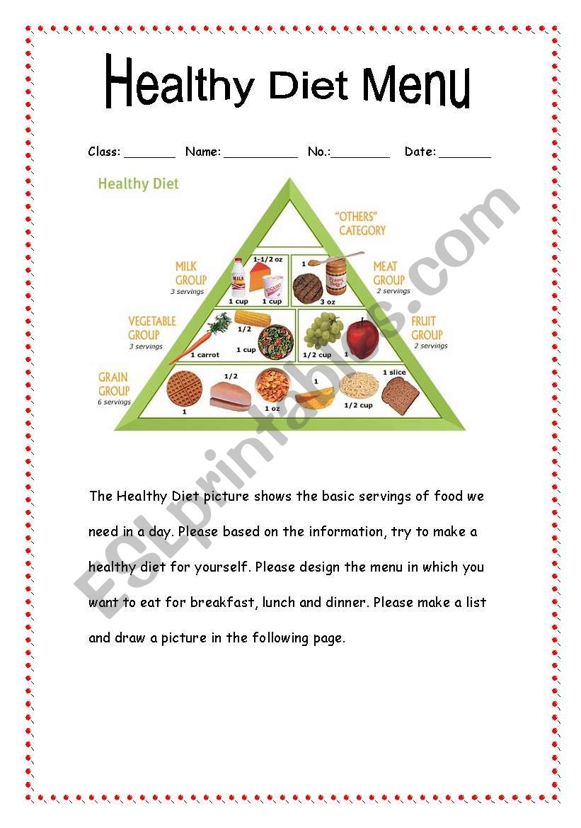 Health Diet Menu Page 1 worksheet