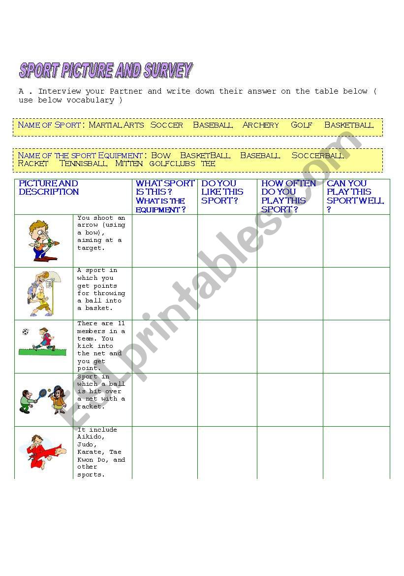 Sport Description, Survey,Interview Questions Writing Worksheet