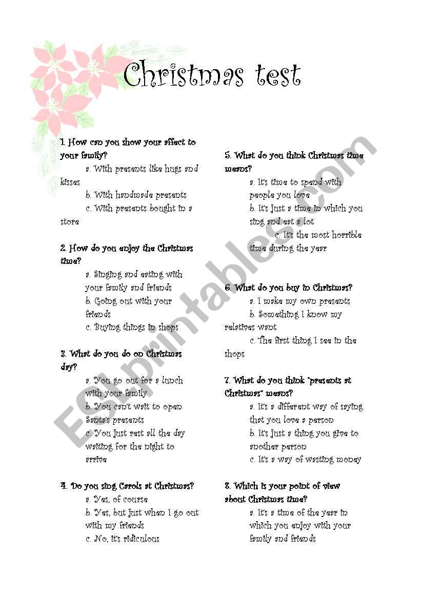 Christmas test worksheet