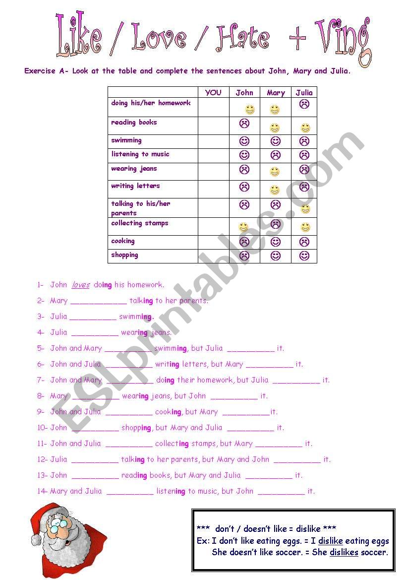 Like , Love , Hate worksheet
