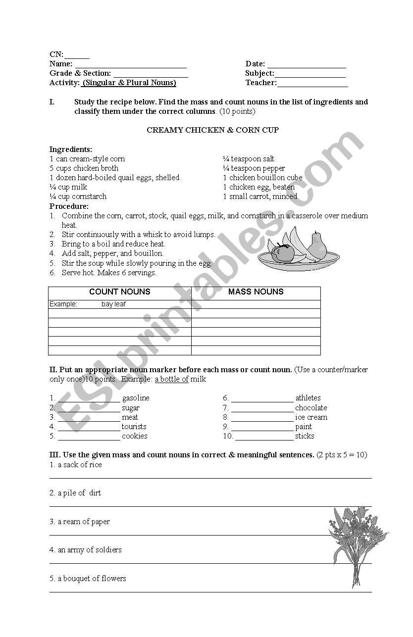 Worksheet on Mass and Count Nouns