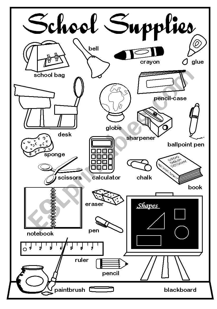 School Supplies Pictionary worksheet