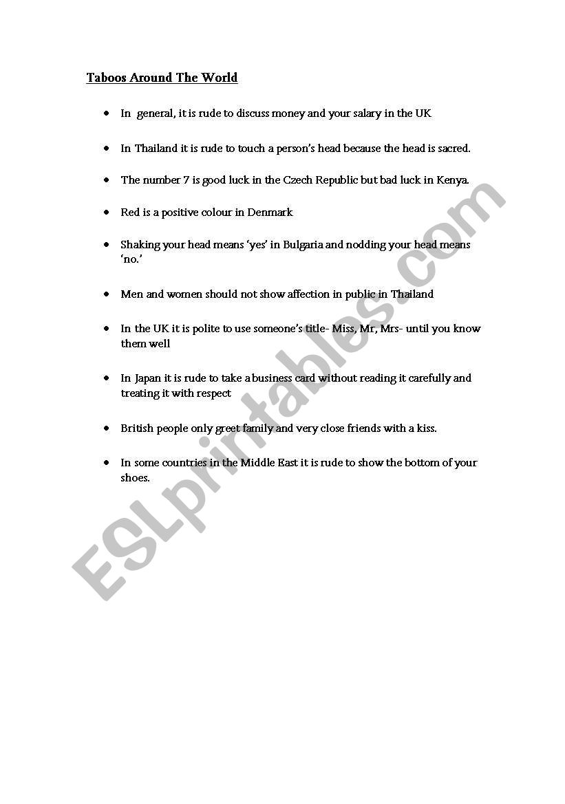 Taboos Around The World worksheet