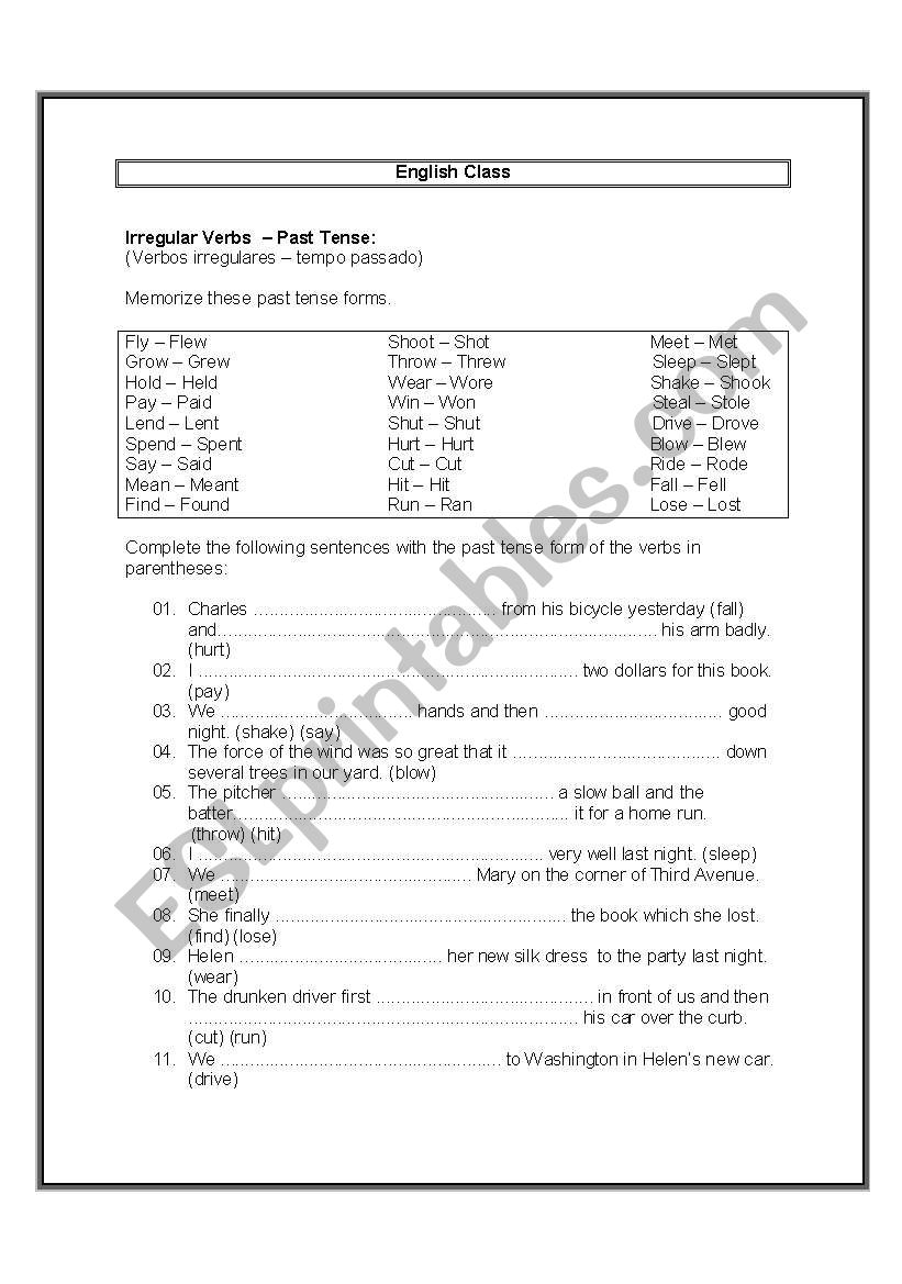 Irregular Verbs   Past Tense: