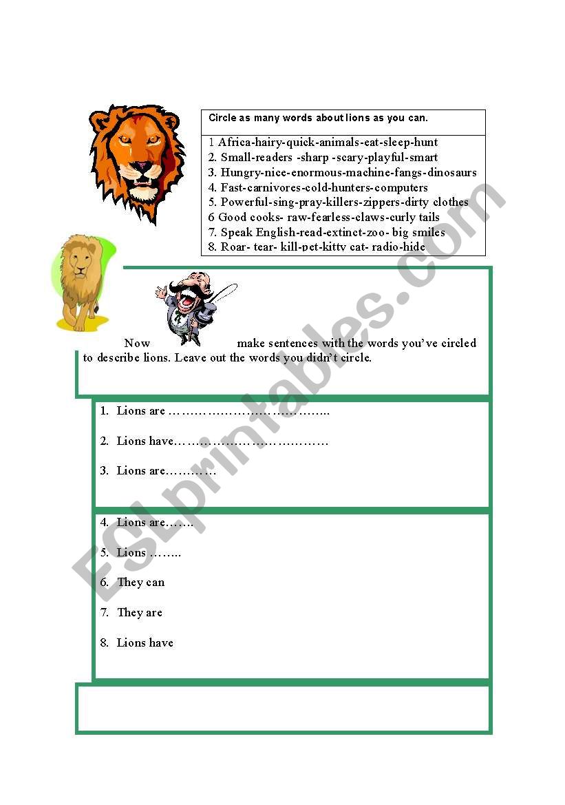 Describing a lion worksheet