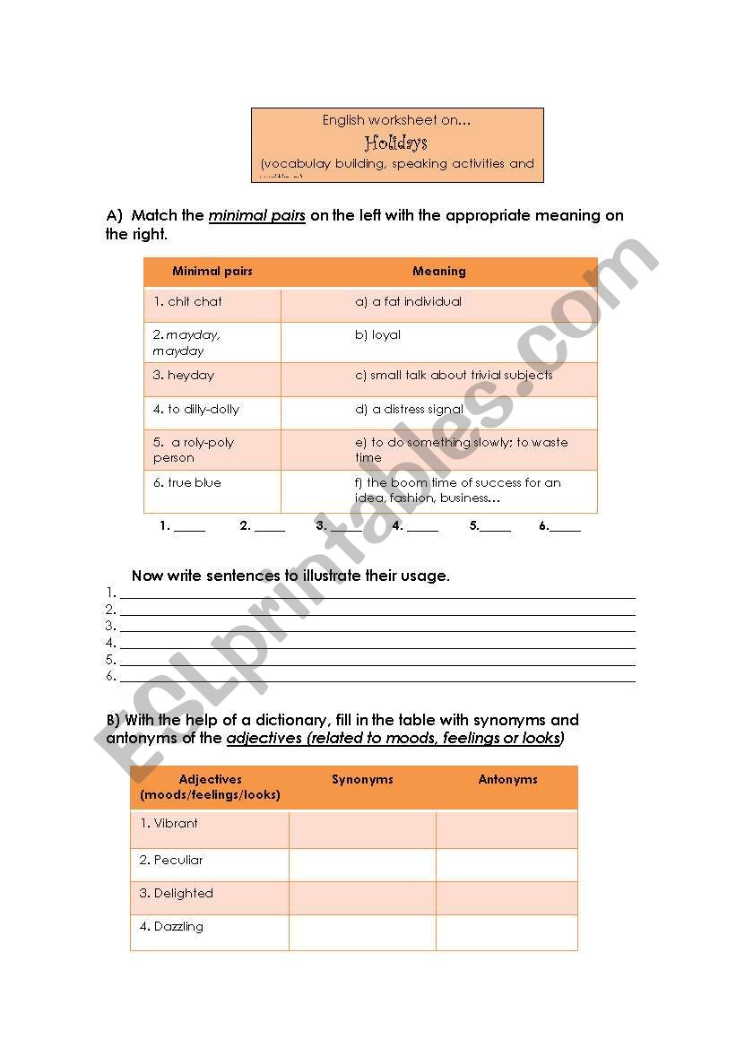 Holidays worksheet