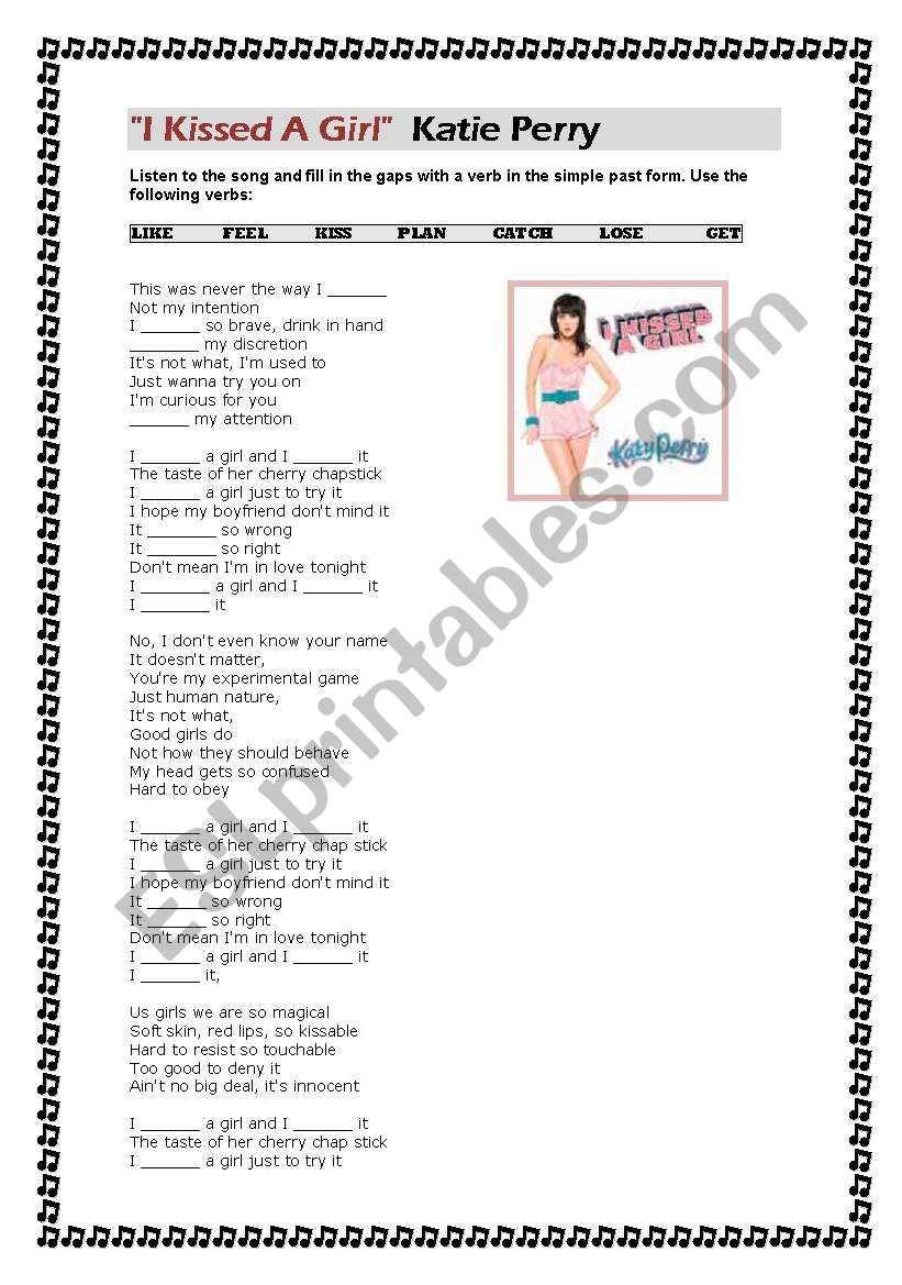 I kissed a girl-Katie Perry song worksheet (2 pages with complete lyrics)