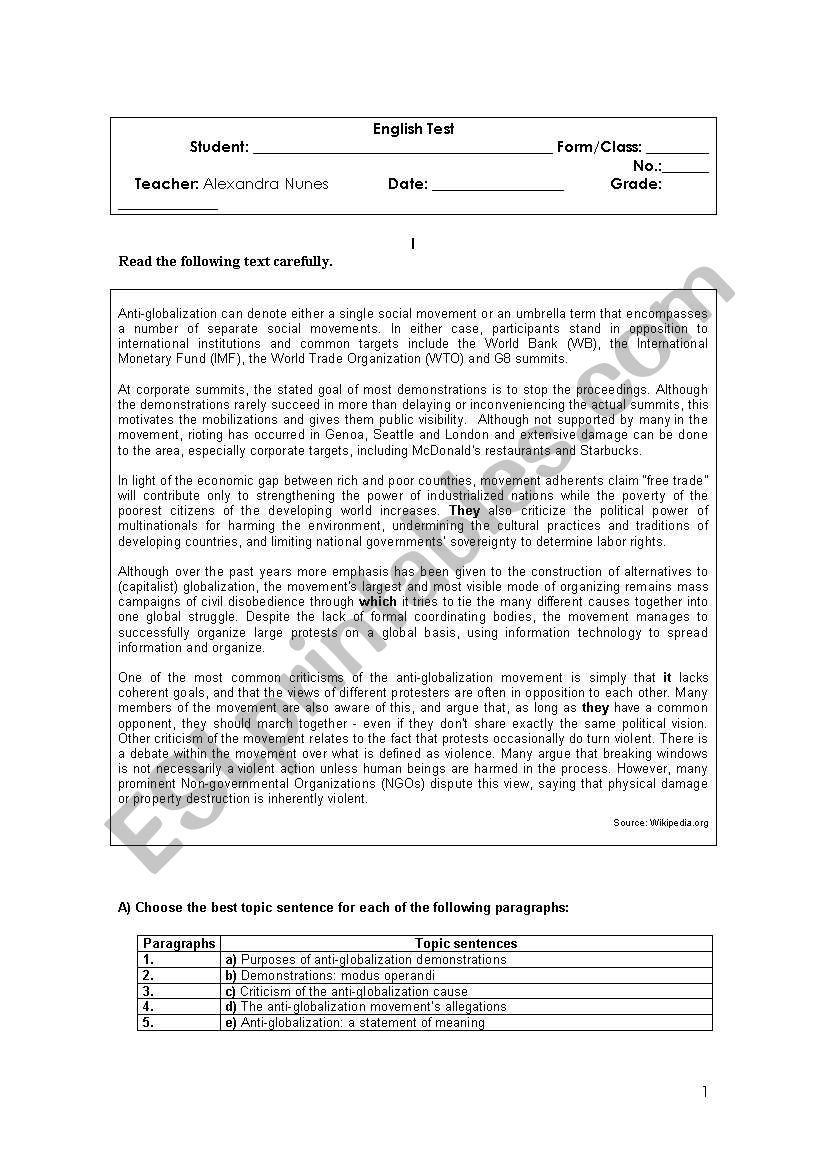 Globalization - Test worksheet