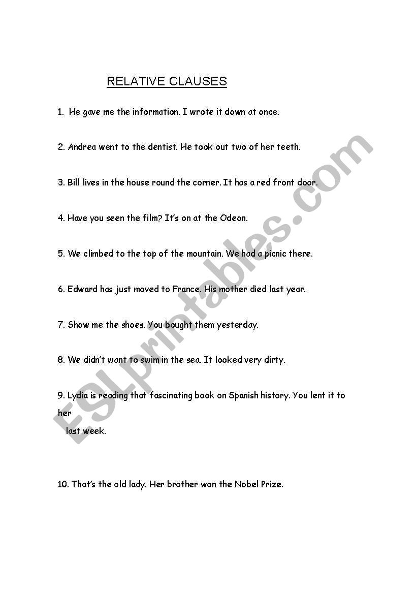 relative clauses worksheet