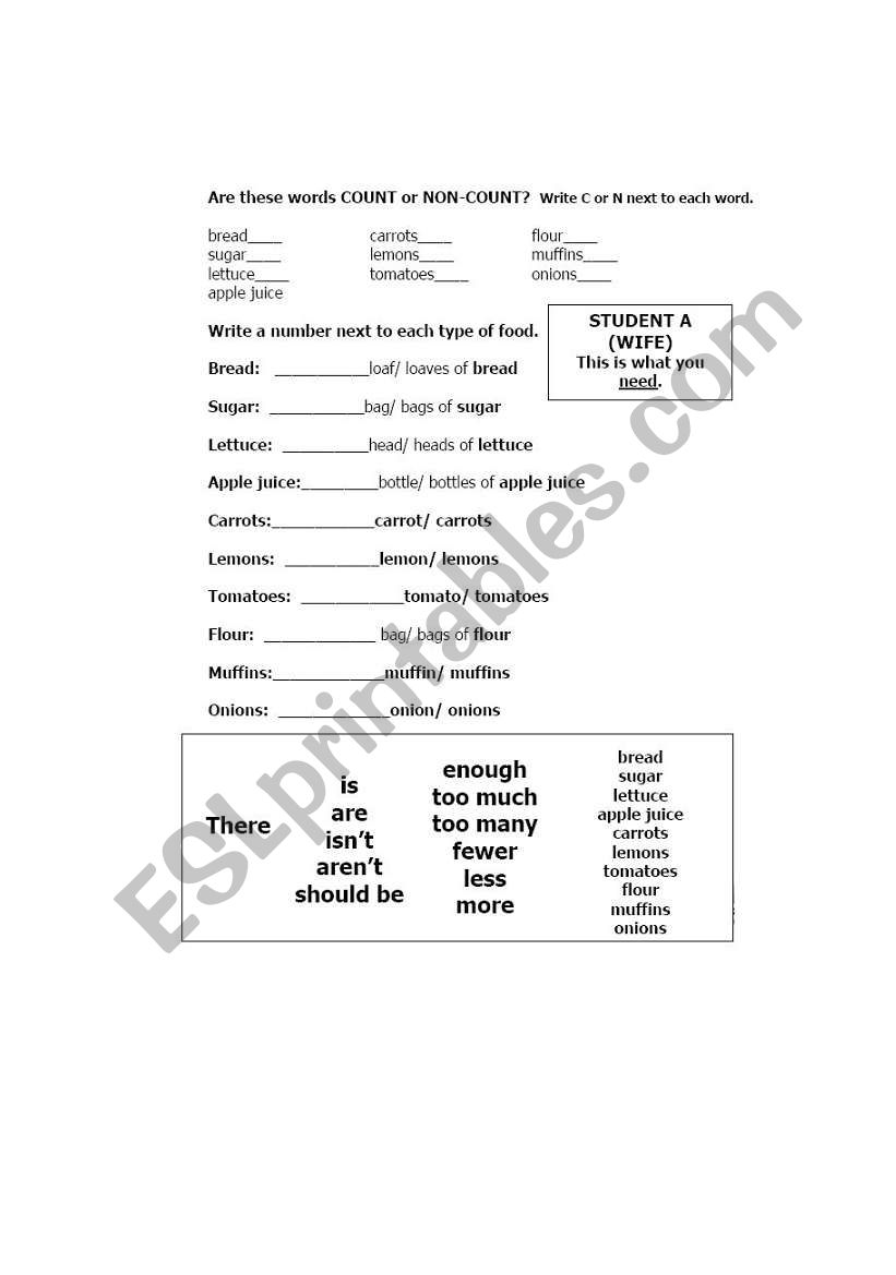 countable or uncountable worksheet