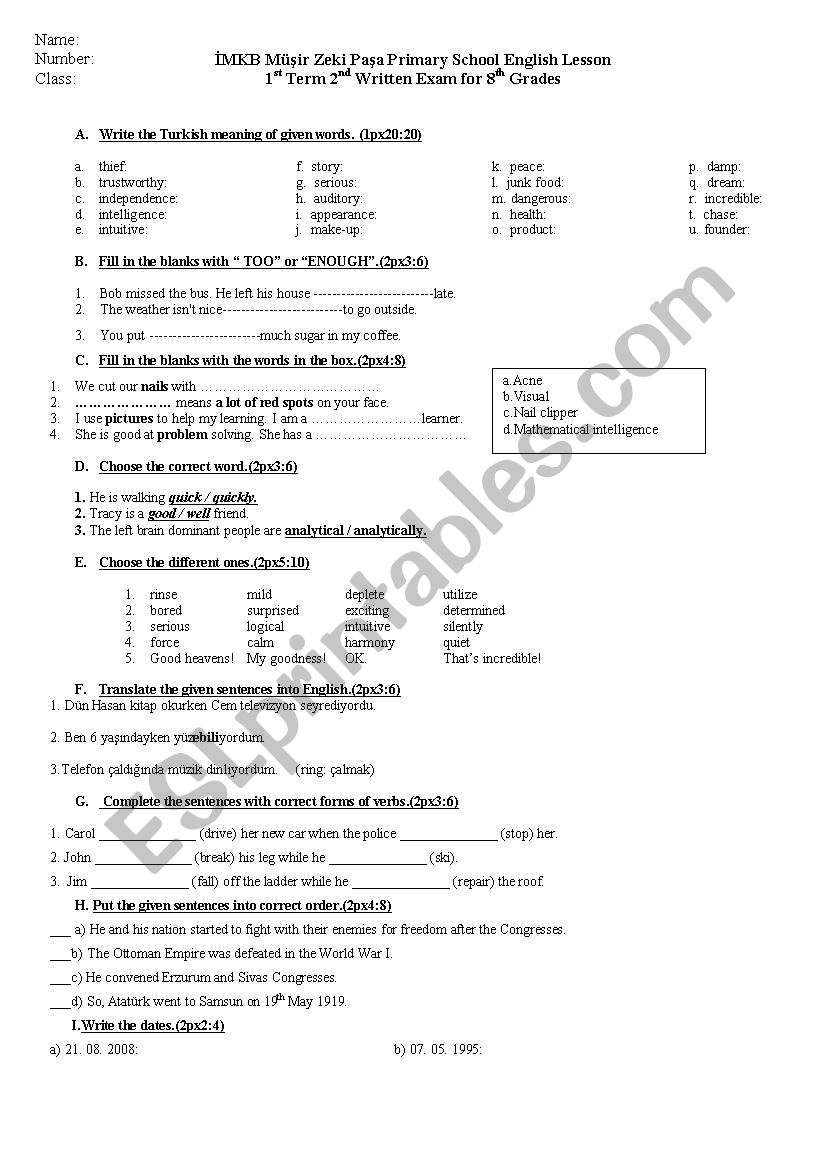 8th grade 2nd exam worksheet