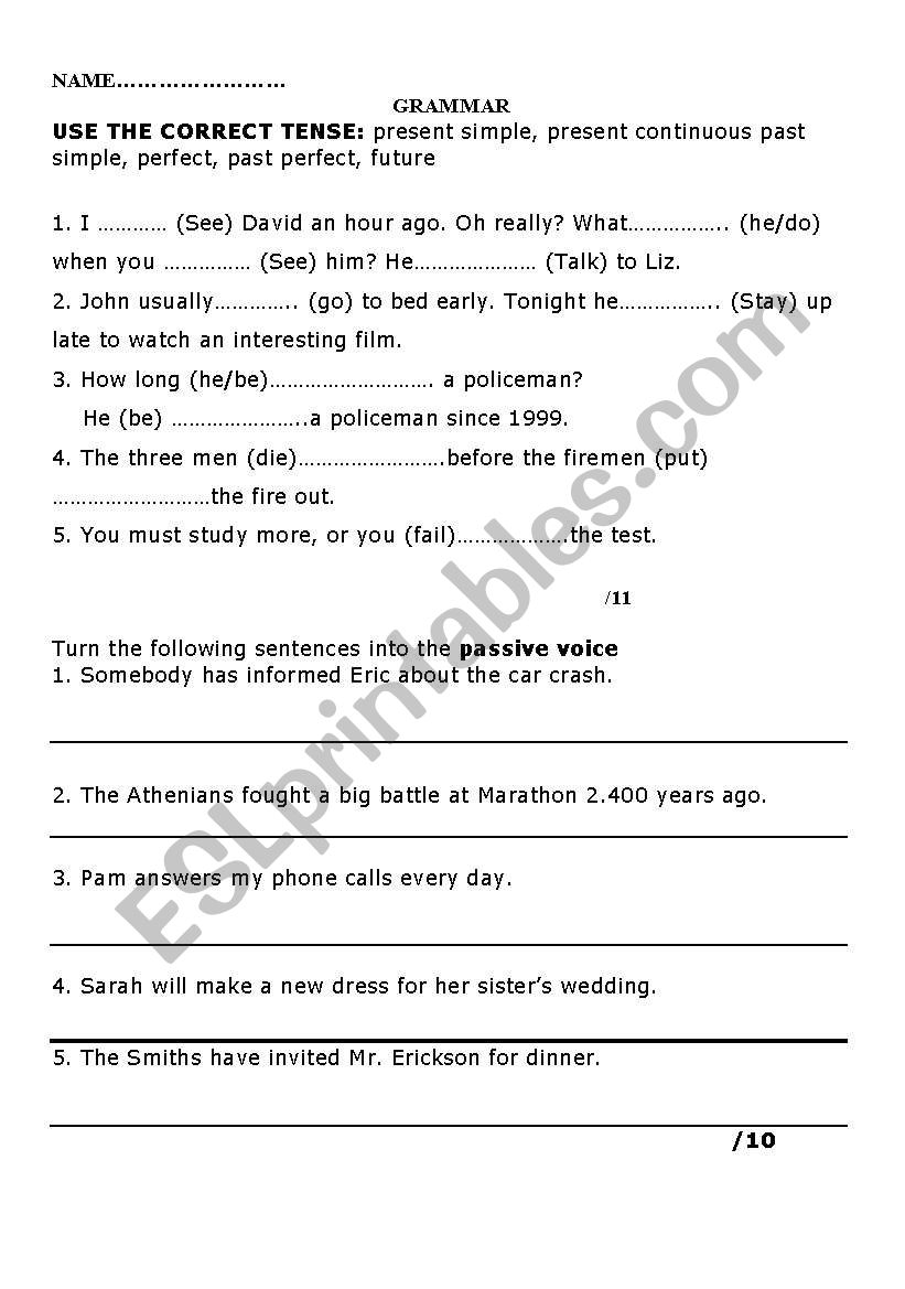 General grammar test worksheet