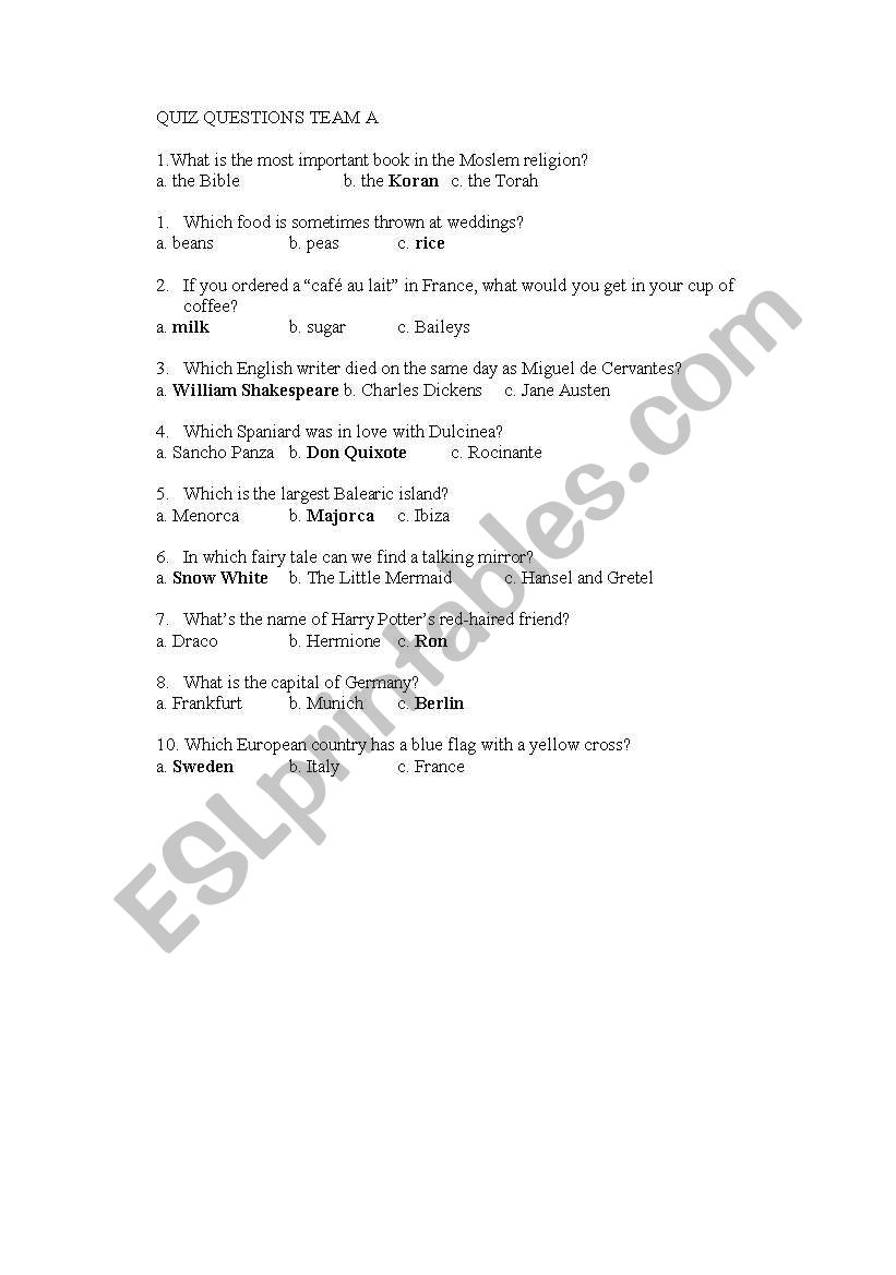 Quiz questions for esl students