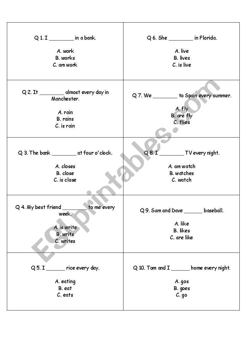 present simple cards worksheet