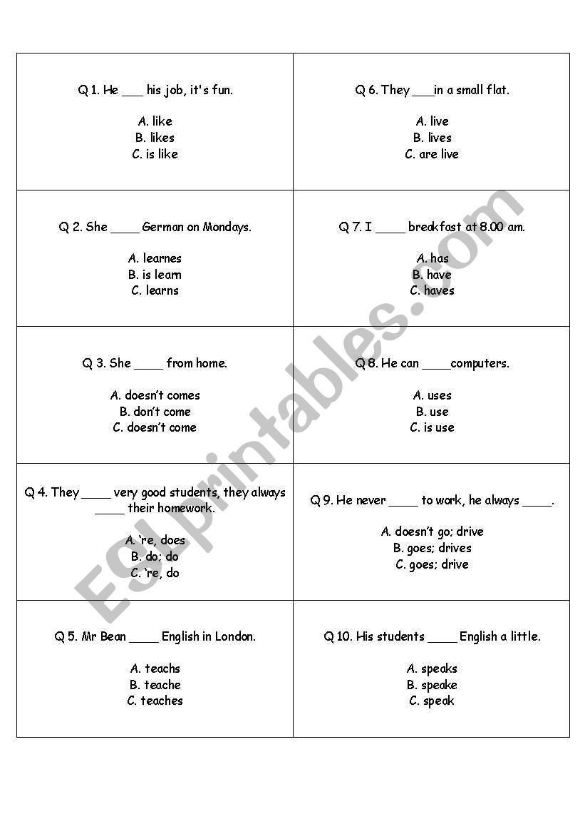 present simple cards 2 worksheet