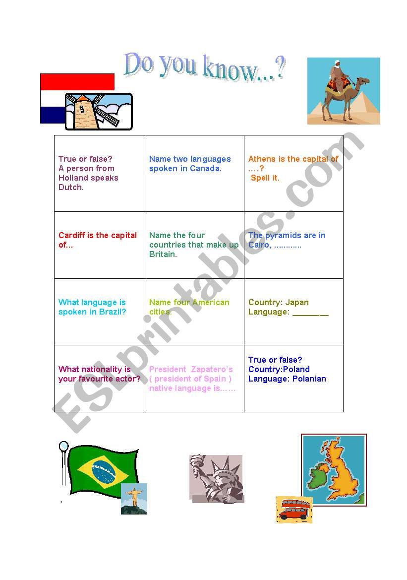 NATIONALITIES BOARDGAME worksheet