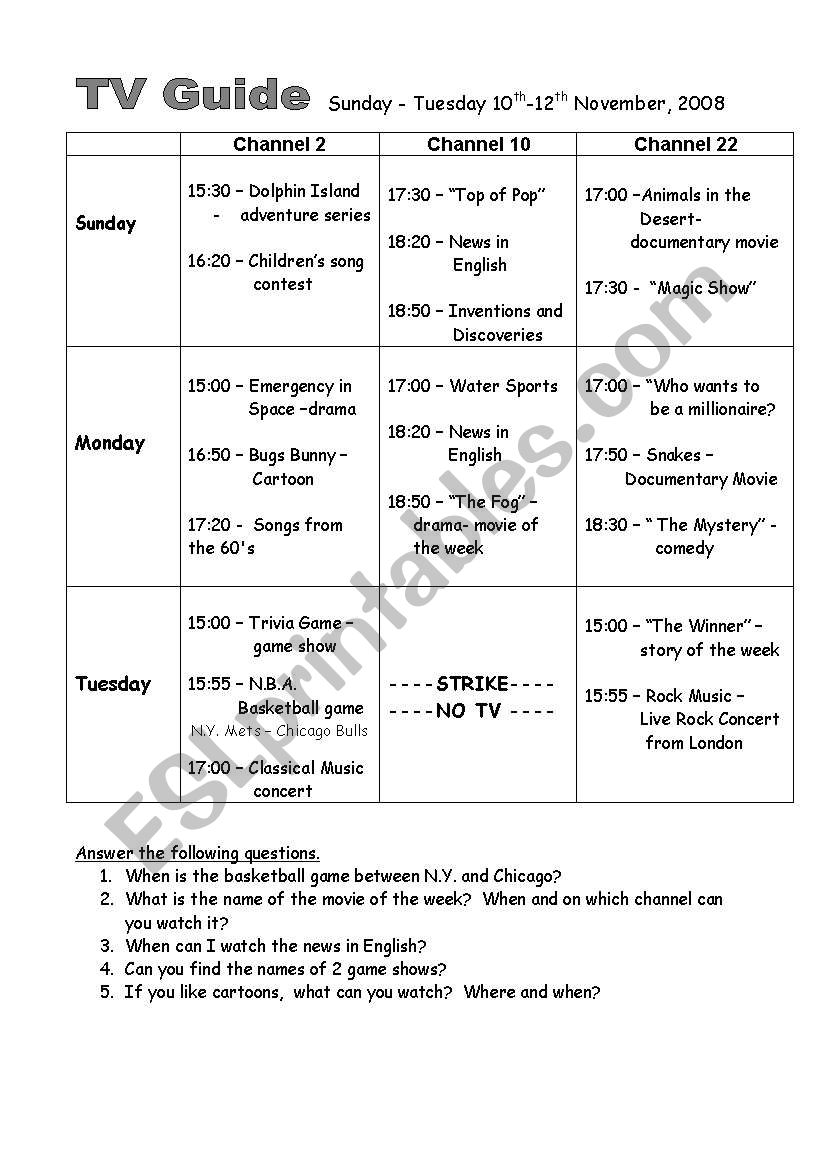 TV Guide worksheet