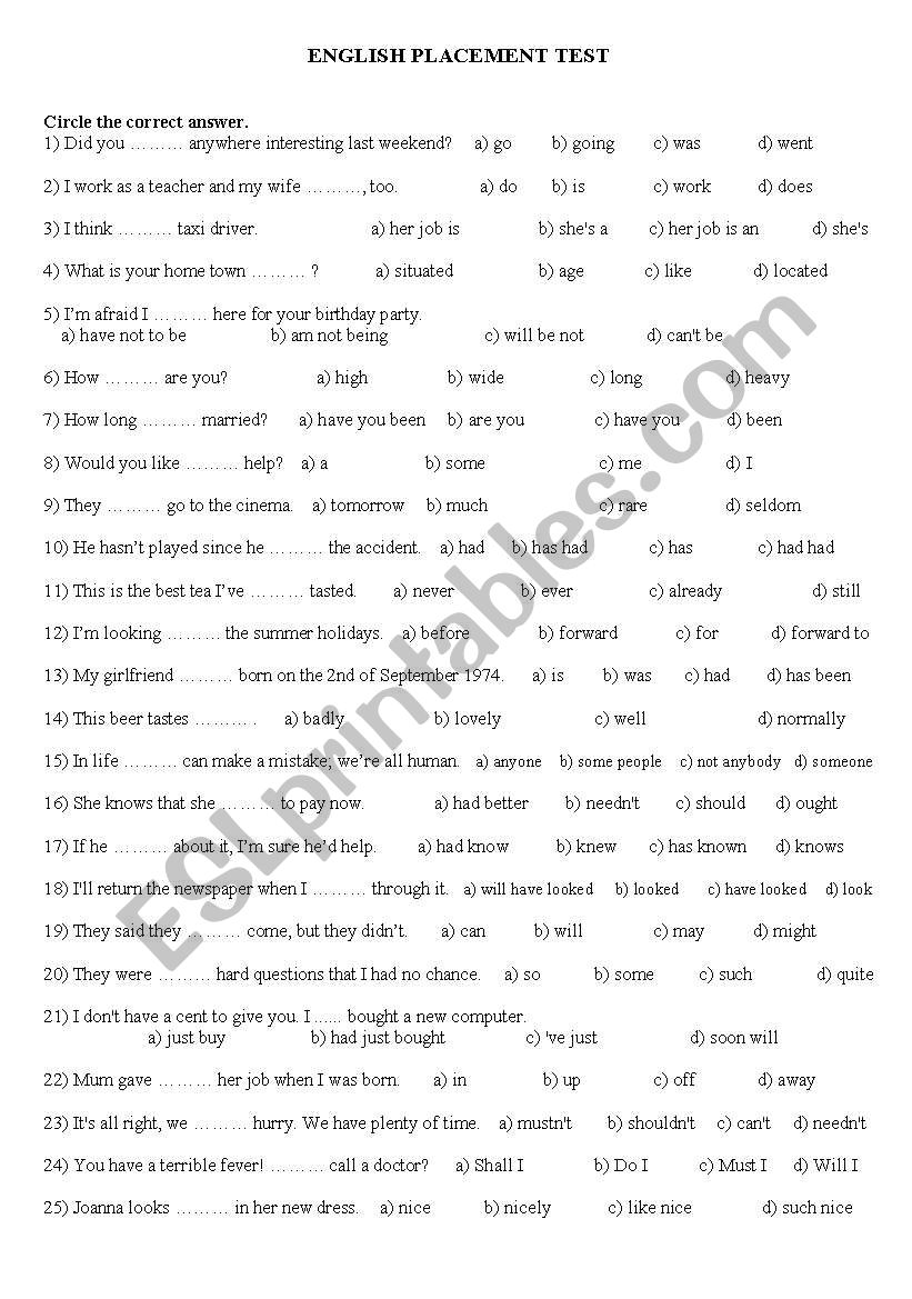 ENGLISH PLACEMENT TEST worksheet