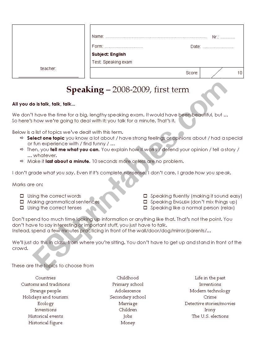 Speaking assignment worksheet