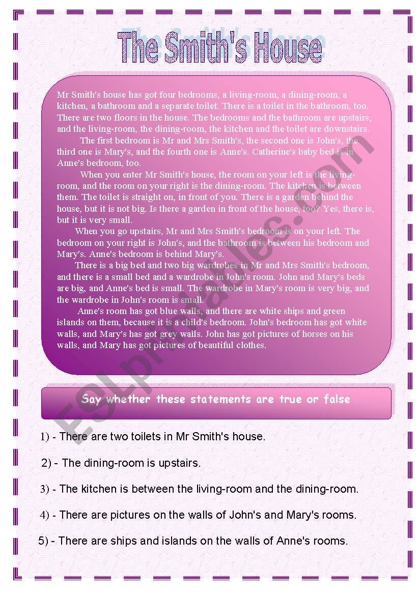 Reading  : The Smiths House worksheet