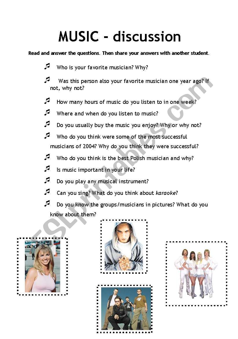 Music - speaking topics worksheet