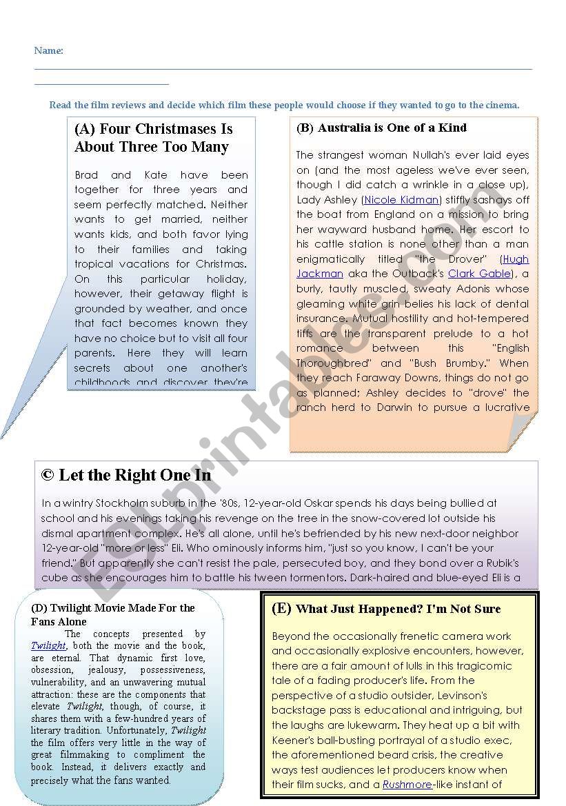 Choosing the right film worksheet