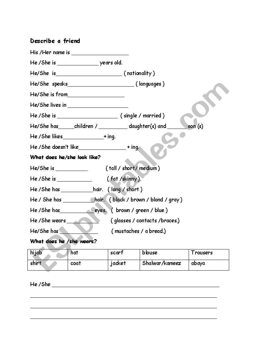 describing friend worksheet