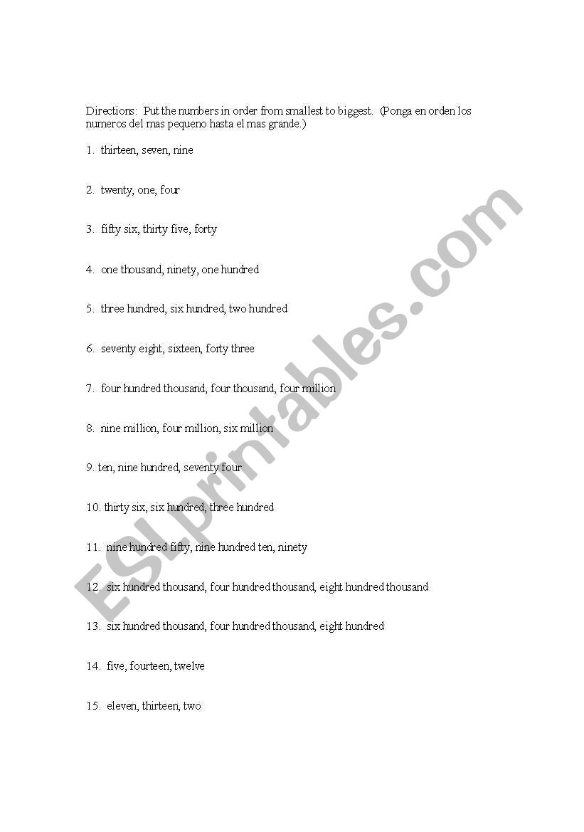 Number ordering worksheet worksheet