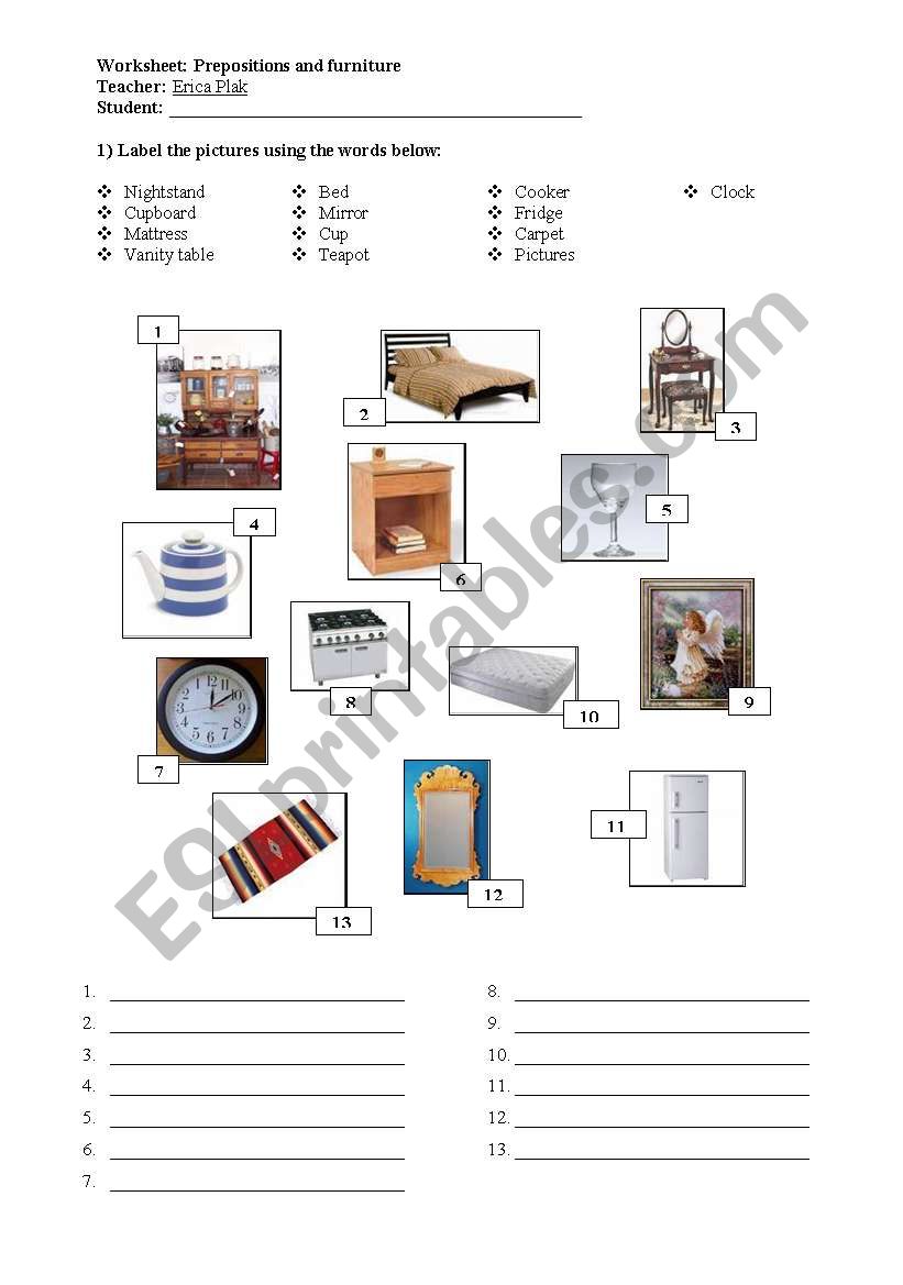 Furniture and prepositions worksheet