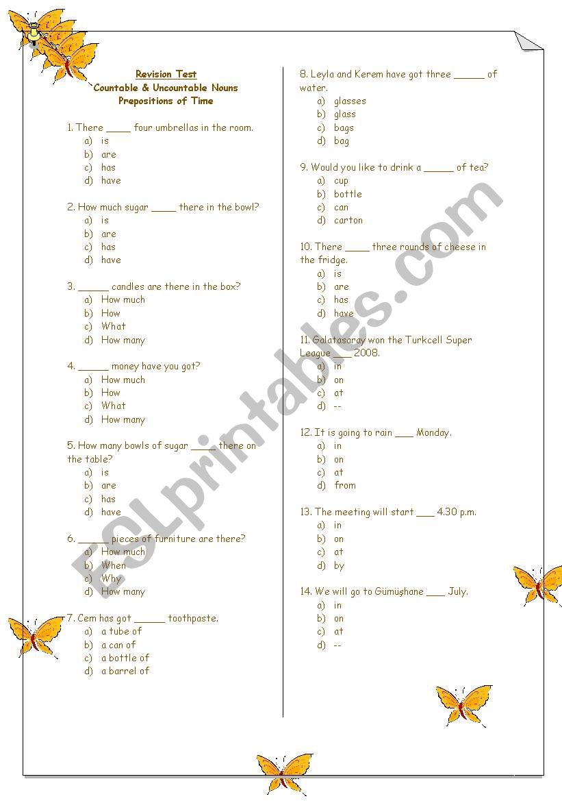 Countable - Uncountable Nouns, Prepositions of Time (Revision Test)